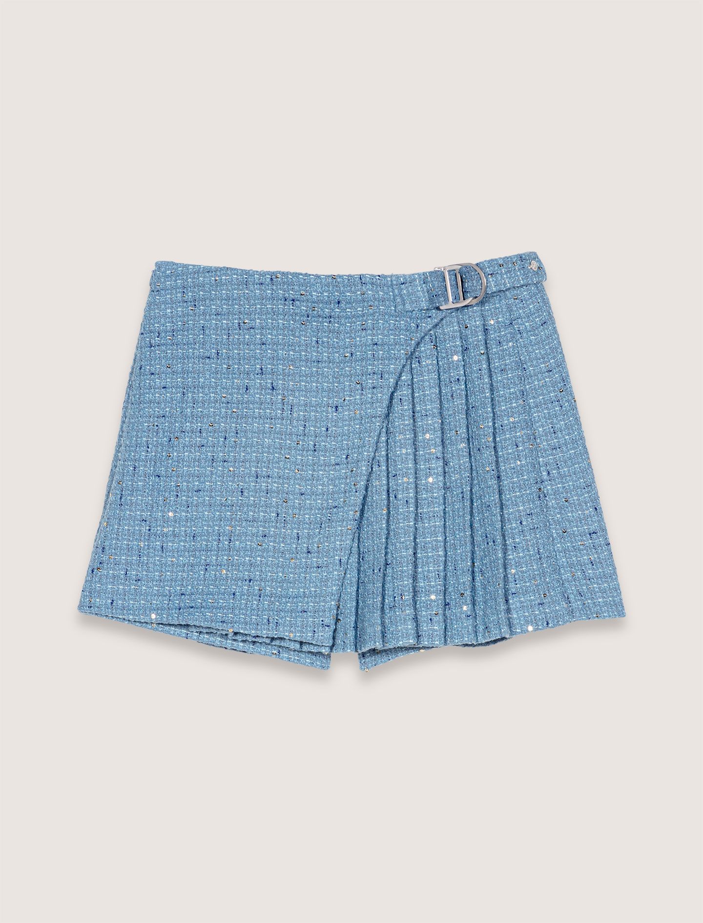 Quần short giả váy tweed xếp ly